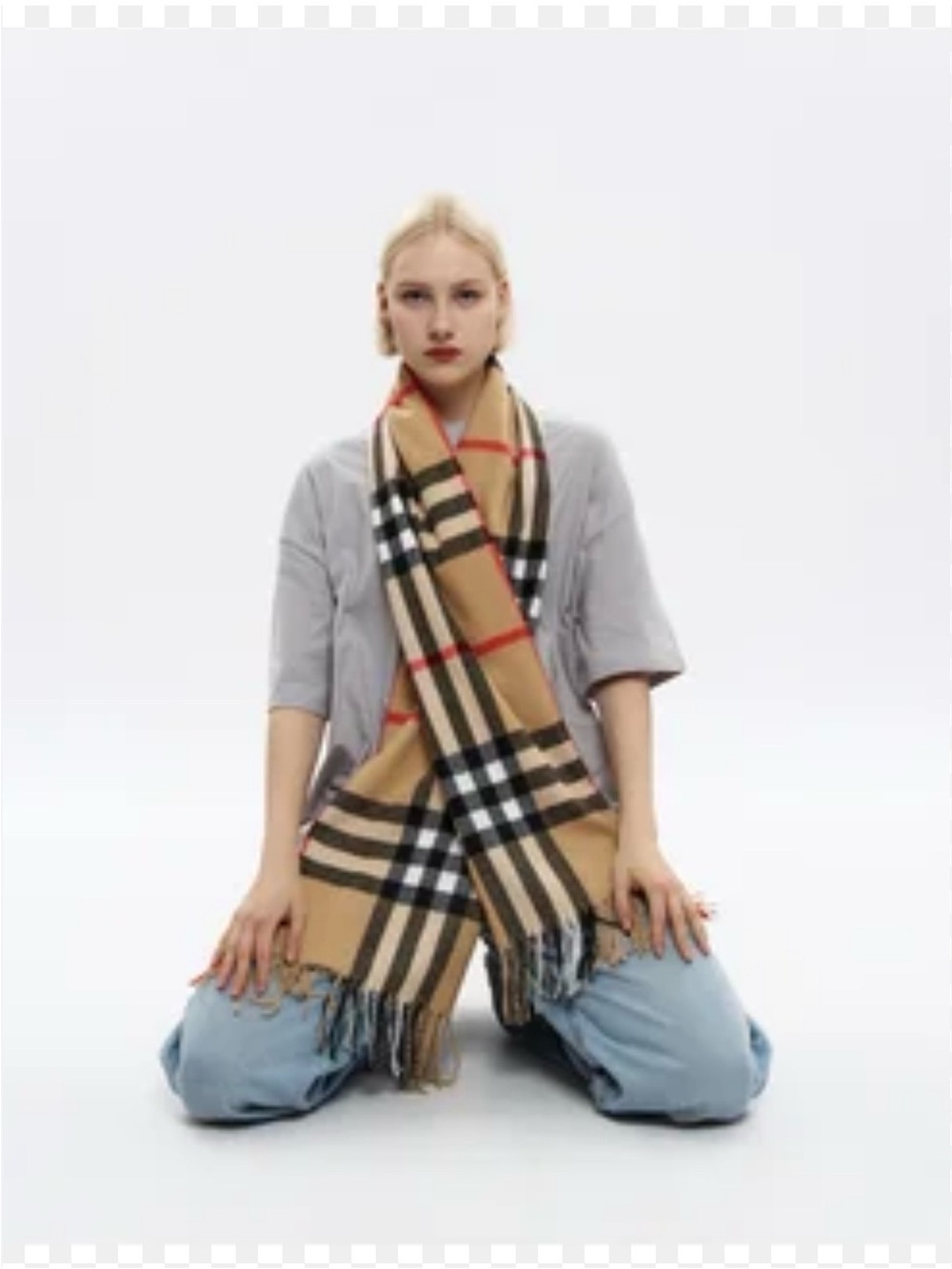 360 Cashmere Plaid Scarf in Beige, Black, and Red